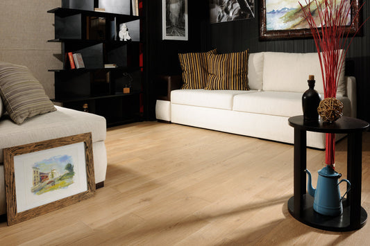 White oak engineered hardwood floor in a bright modern living room